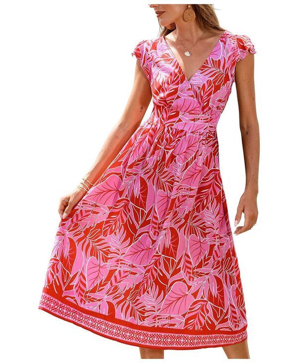 カップシー レディース トップス ワンピース Vネック プリント Cupshe Womens Printed VNeck Flutter Sleeve Beach Dress Red レッド