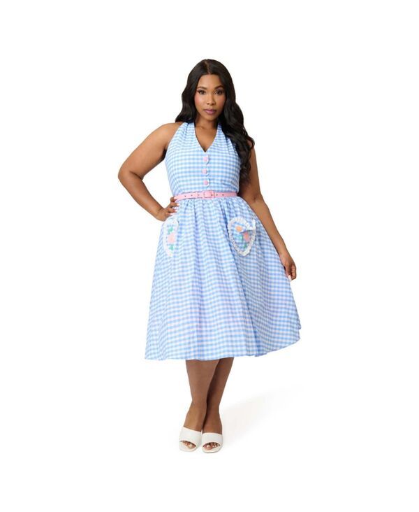 ユニークビンテージ レディース トップス ワンピース プラスサイズ ホルター Unique Vintage Plusize Halter Scallop Swing Dress Blue gingha