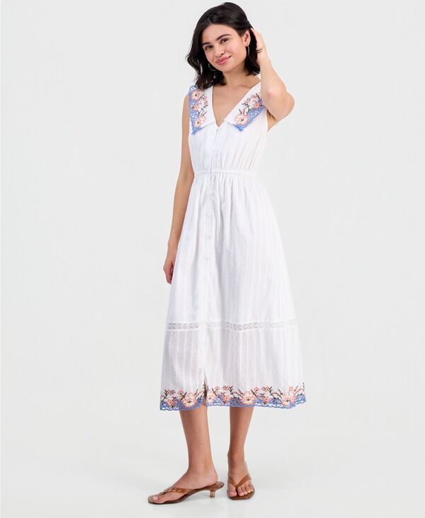 アンドノウディス レディース トップス ワンピース プチ コットン 刺繍 マキシ And Now This Petite Cotton Embroide red Collar Maxi Dress W