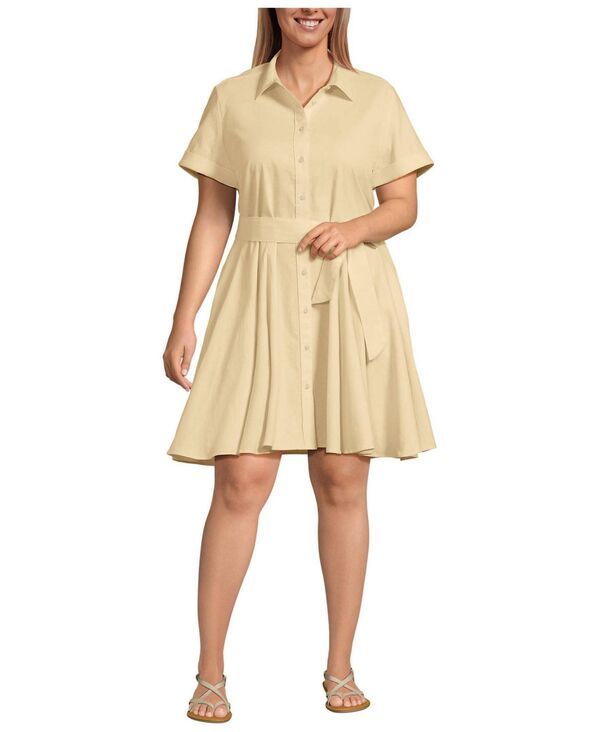 ランズエンド レディース トップス ワンピース プラスサイズ リネン Lands End Plusize Linen Blend Button Front Dress with Godets Pale