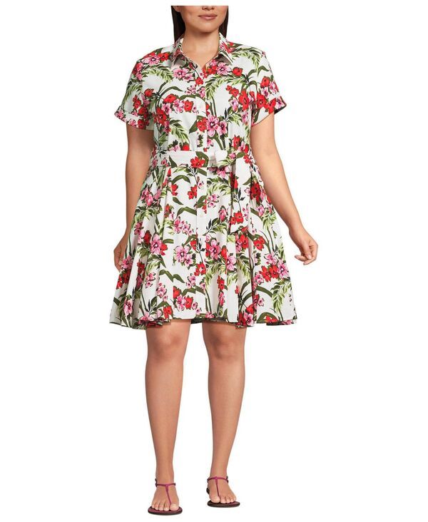 ランズエンド レディース トップス ワンピース プラスサイズ リネン Lands End Plusize Linen Blend Button Front Dress with Godets Ivor