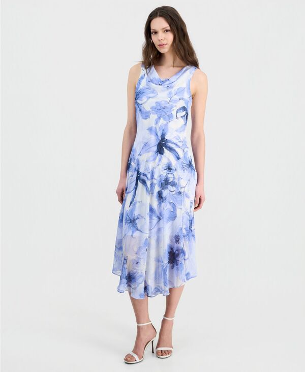 ロビー・ビー レディース トップス ワンピース プリント ミディ ノースリーブ Robbie Bee Womens Printed Sleeveless Midi Dress Blue Ivory ア