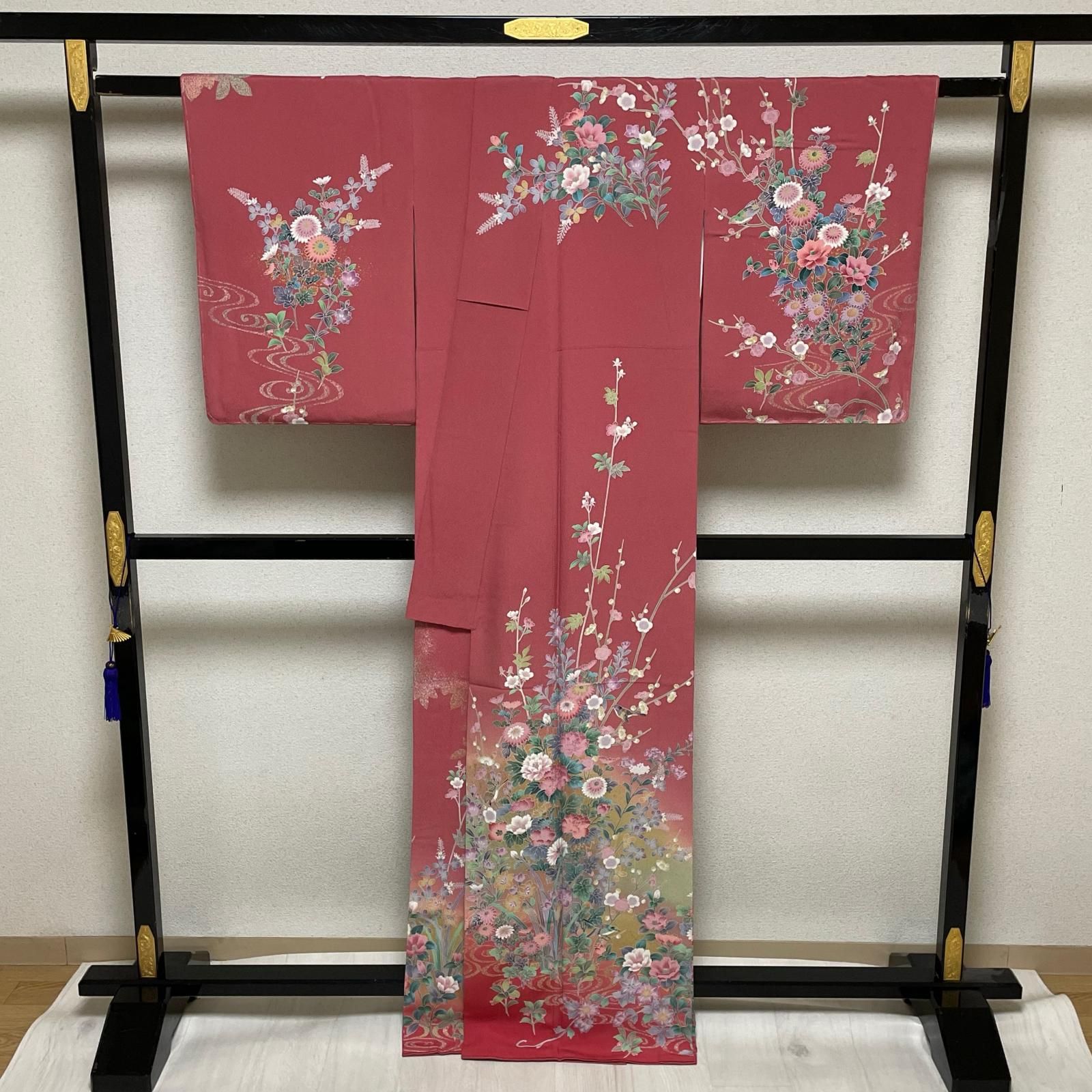やまと誂え 訪問着 ちりめん 裄66 金彩 花模様 に鳥 華やかな染め 着物
