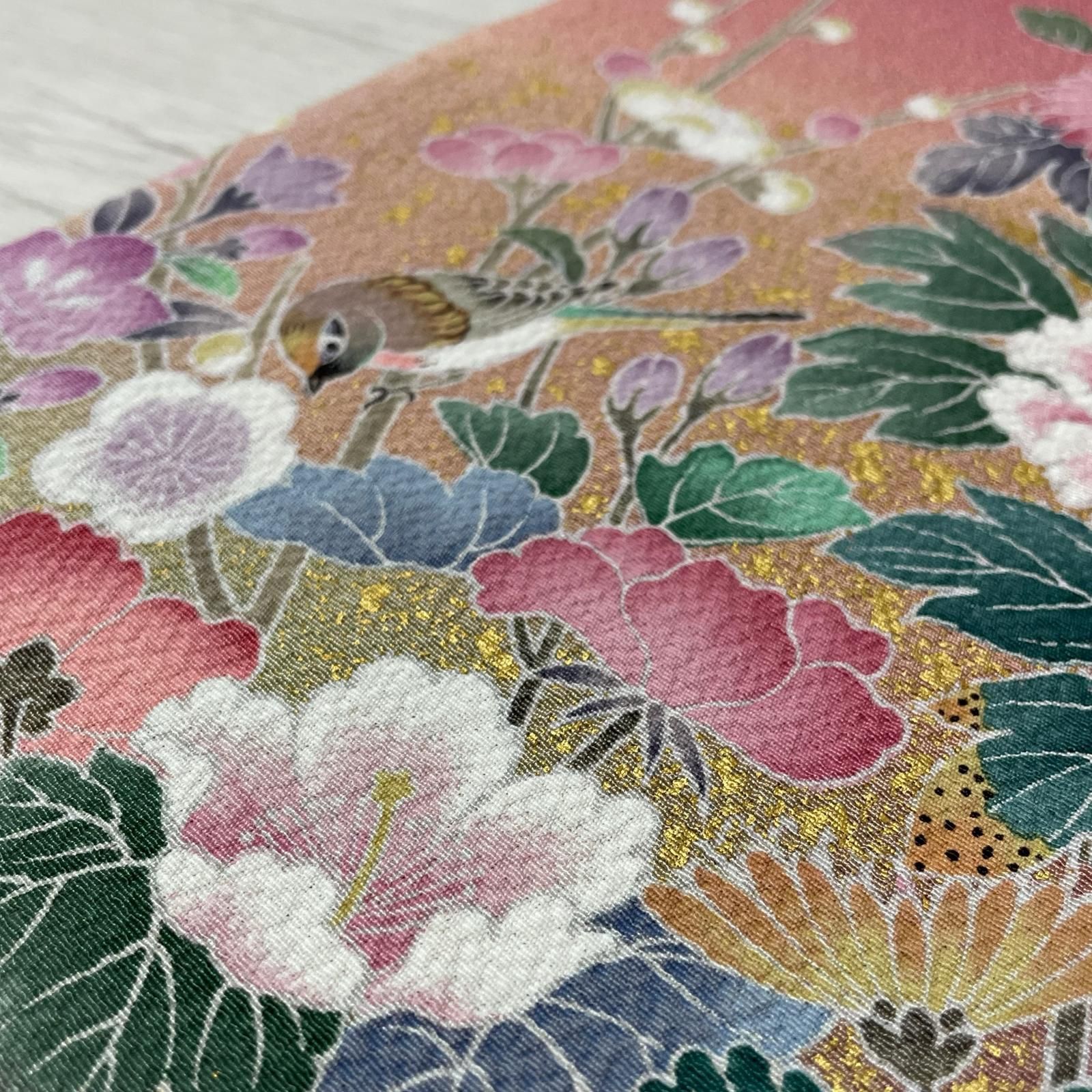やまと誂え 訪問着 ちりめん 裄66 金彩 花模様 に鳥 華やかな染め 着物