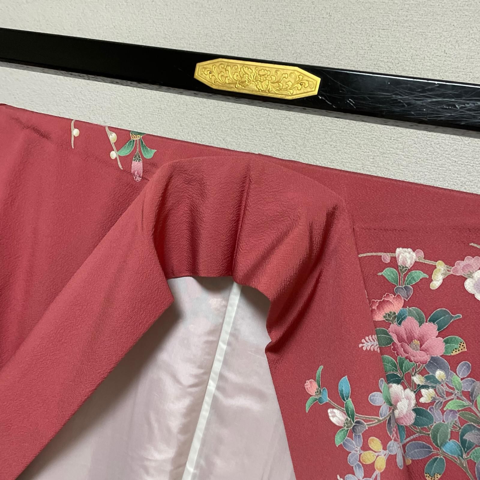やまと誂え 訪問着 ちりめん 裄66 金彩 花模様 に鳥 華やかな染め 着物