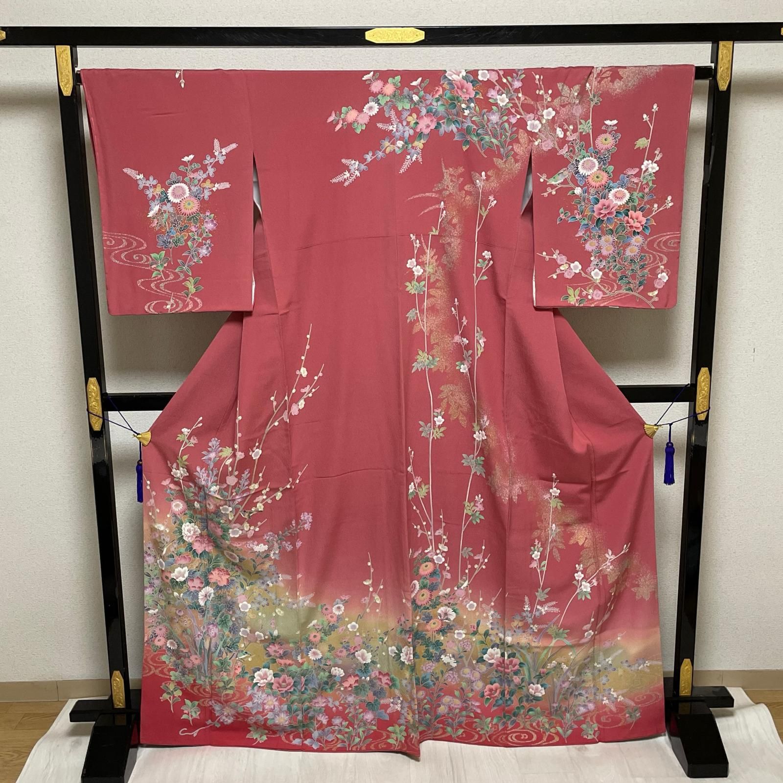 やまと誂え 訪問着 ちりめん 裄66 金彩 花模様 に鳥 華やかな染め 着物 正絹 X-3891
