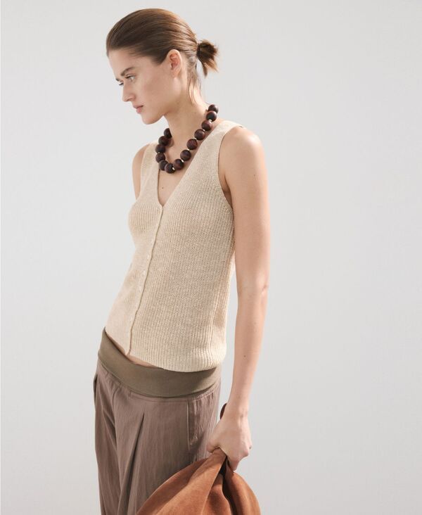 マンゴ レディース トップス ベスト レース ニット MANGO Womens Lace Pattern Knitted Vest Sand サンド