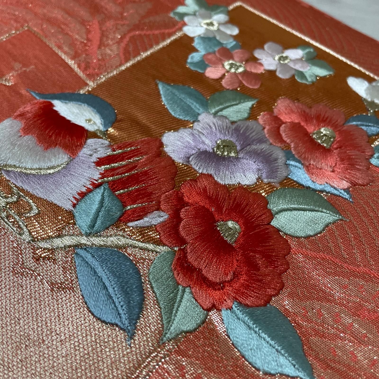 名古屋帯 刺繍 おしどりに花模様 九寸 正絹 着物 X-3912