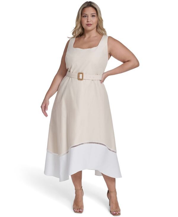 エリザジェイ レディース トップス ワンピース プラスサイズ ミディ Eliza J Plusize Square Neck Midi Dress Khakiwht カーキ