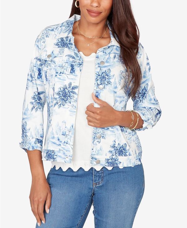 ルビーアールディー レディース アウター ジャケット・ブルゾン プチ プリント デニム Ruby Rd Petite Toile Print ButtonFront Denim Jacket Porc