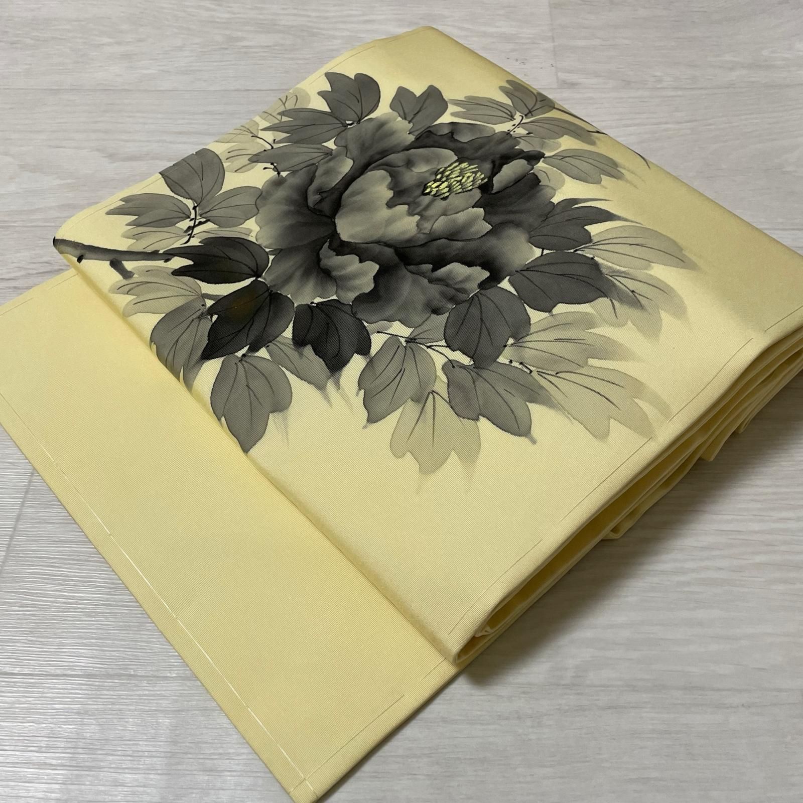 名古屋帯 塩瀬 墨書きの牡丹 九寸 正絹 着物 X-3932
