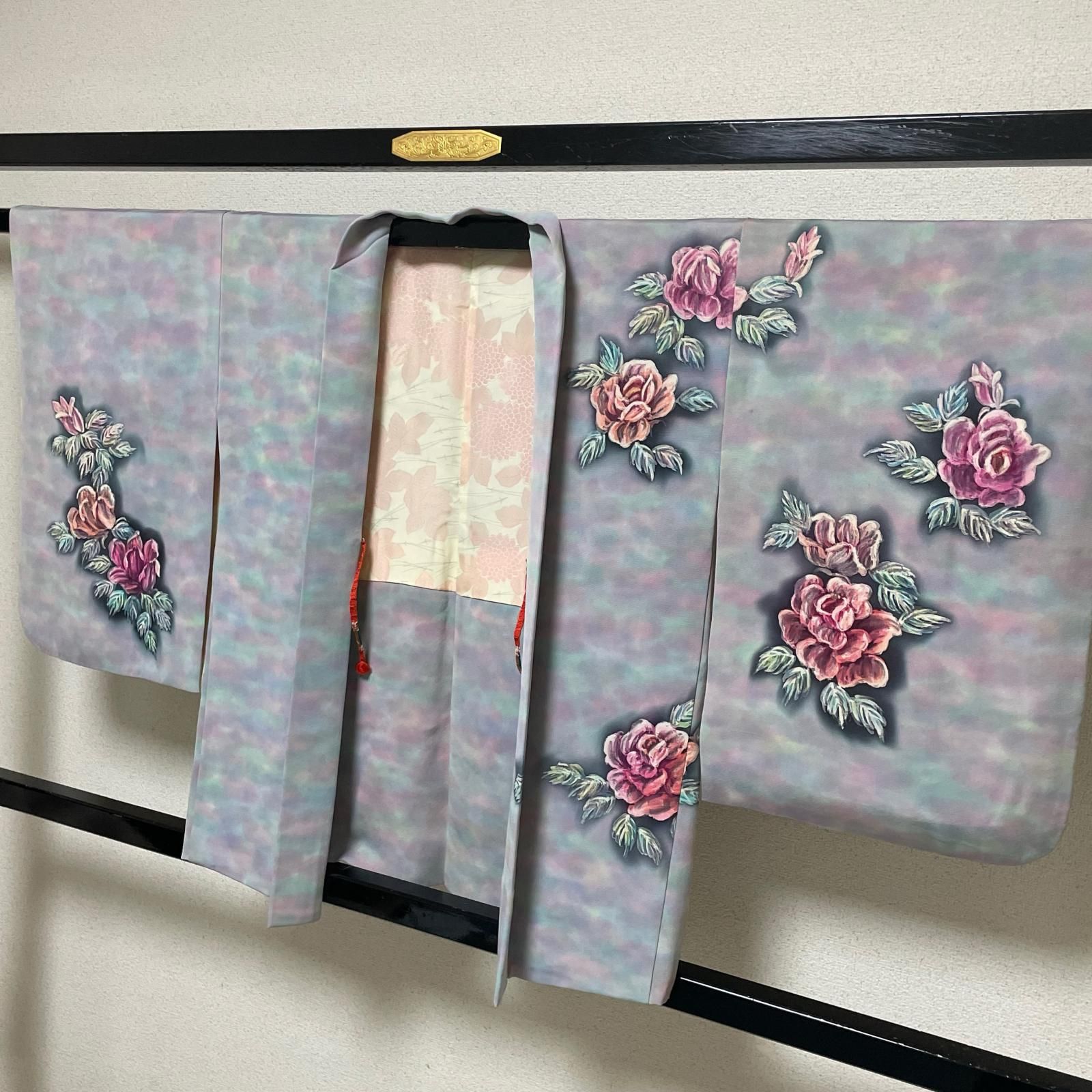 羽織 パステルの暈し染 手書きの花模様 着物 正絹 X-3937