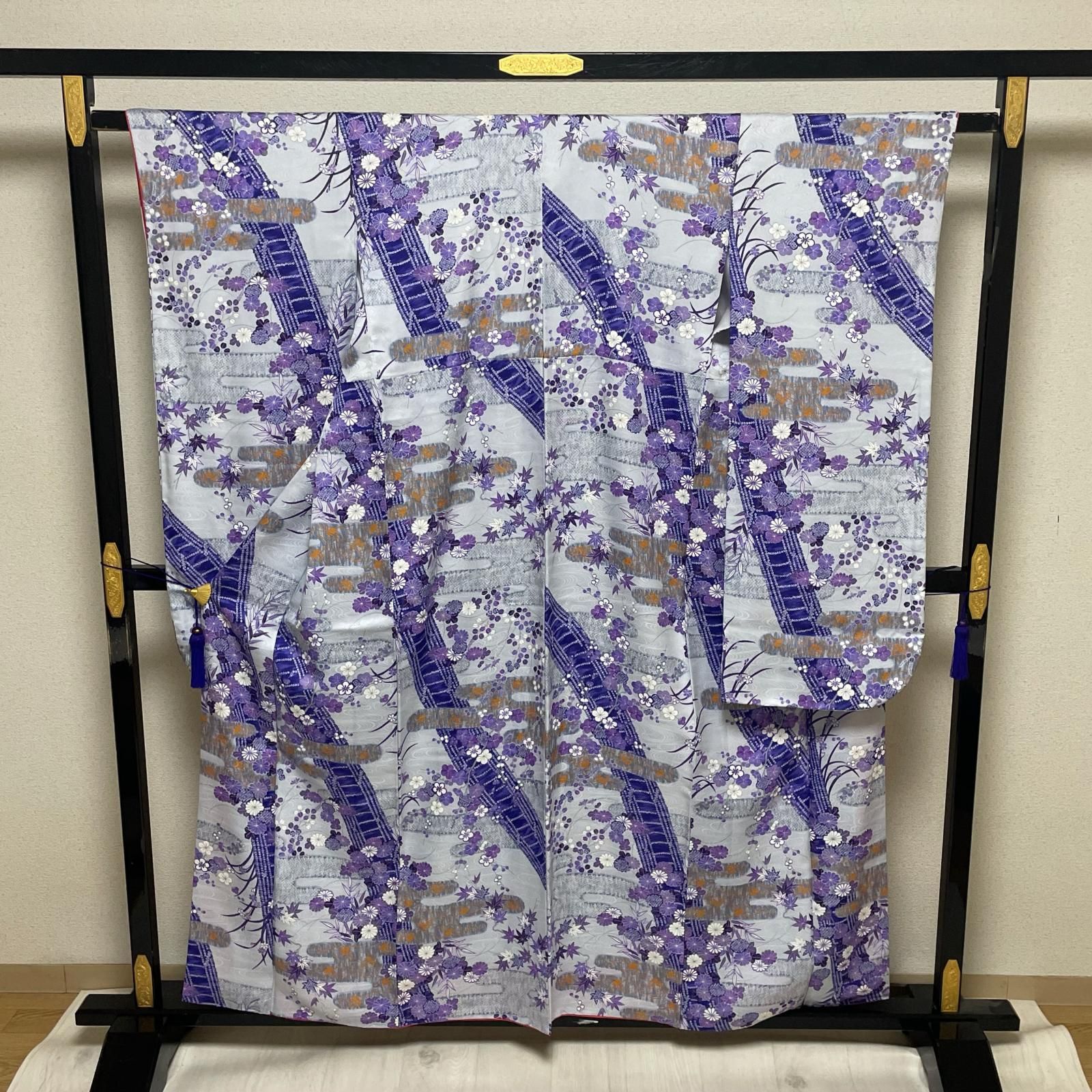 さんび誂え 高級化繊 振袖 エ霞 花模様 華やかな染め 着物 化繊 X-3940