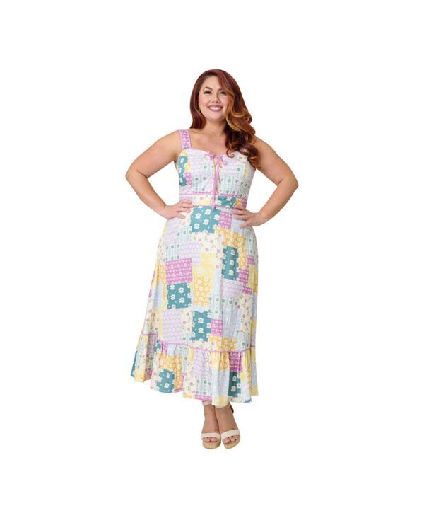 ユニークビンテージ レディース トップス ワンピース プラスサイズ ミディ Unique Vintage Plusize Corset Midi Dress Blue patchwork print
