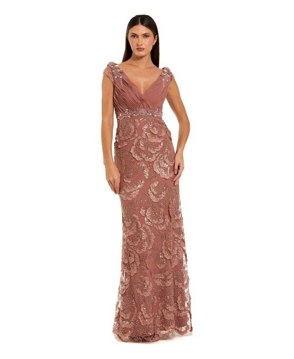 マックダガル レディース トップス ワンピース Vネック シフォン フラワー柄 プチ フラワー Mac Duggal Petite Floral Beaded Chiffon VNeck Evenin