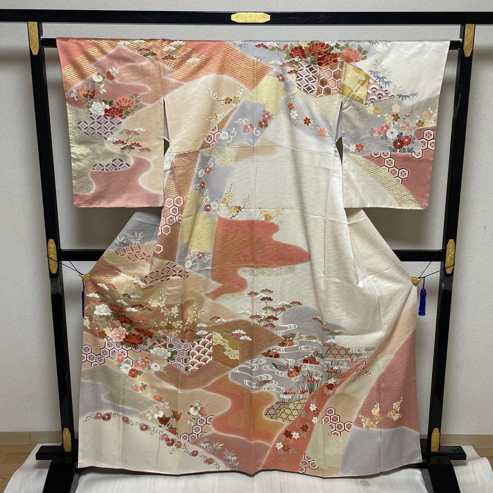 訪問着 金彩 美しい花模様 菊唐草 着物 正絹 X-3944