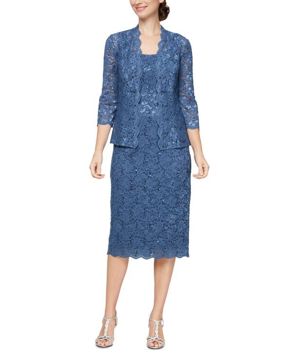 エスエルファッションズ レディース トップス ワンピース ミディ レース ジャケット SL Fashions Womens 2Pc Lace Jacket Midi Dresset Wedgewood