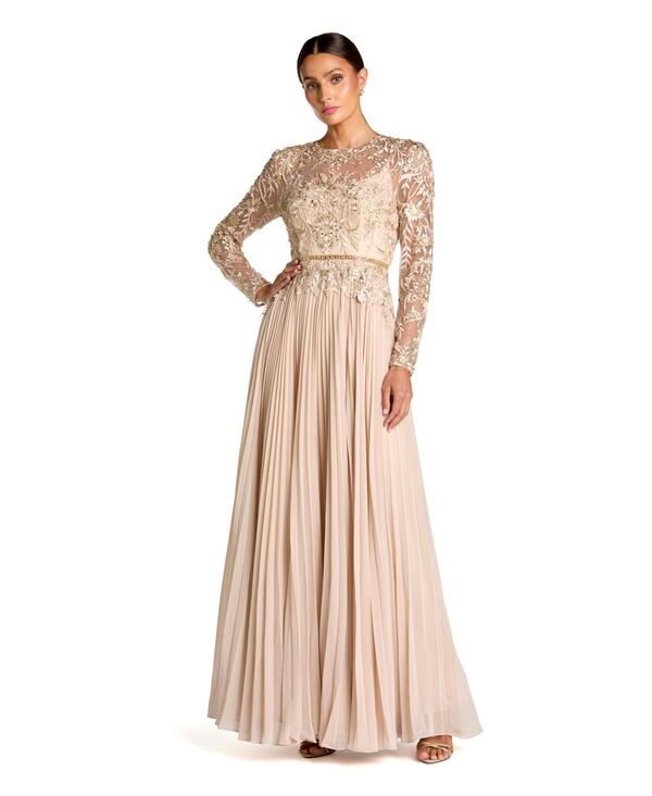マックダガル レディース トップス ワンピース シフォン プチ Mac Duggal Petite Long Sleeve Chiffon Embellished Gown Taupe トープ