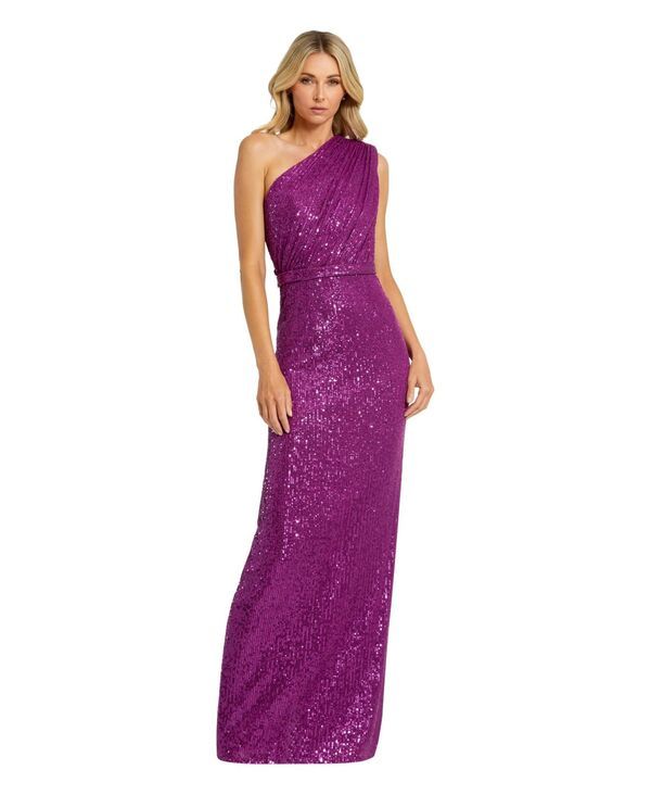 マックダガル レディース トップス ワンピース プチ ギャザー スパンコール Mac Duggal Petite One Shoulderuched Sequin Eveningown Purple