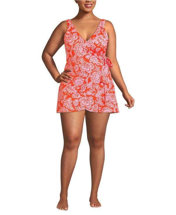 ランズエンド レディース トップス ワンピース ミニ Lands End Womenside Tie Mini Swim Dresswimsuit Radiant orange floral medl