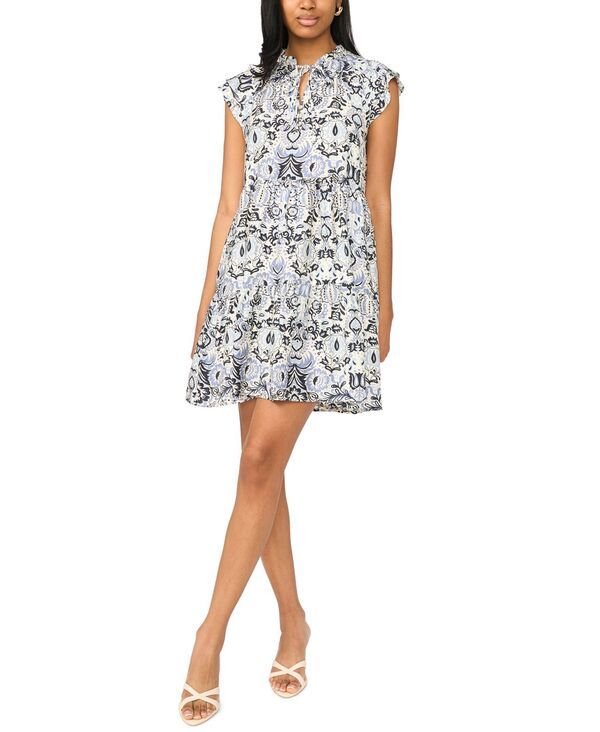 ミスク レディース トップス ワンピース プチ プリント MSK Petite FlutterSleeve TieNeck Printedress Patch Blue ブルー