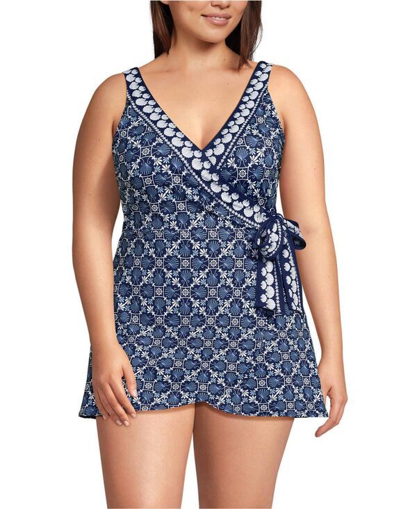 ランズエンド レディース トップス ワンピース ミニ Lands End Womenside Tie Mini Swim Dresswimsuit Seashell geonavy border ネイ