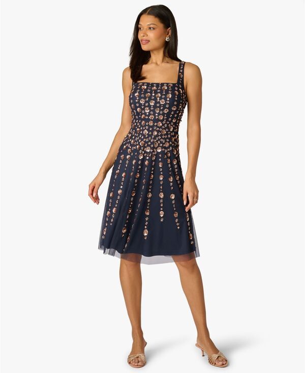 アドリアナ パペル レディース トップス ワンピース プチ Adrianna Papell Petite Beaded Square NeckneeLength Dress Navy Rose Gol