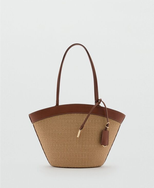 マンゴ レディース バッグ コントラスト MANGO Womens Contrast Canvashopper Bag Leather