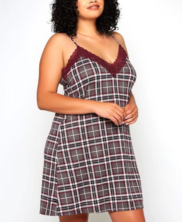 アイコレクション レディース アンダーウェア ナイトウェア プラスサイズ レース iCollection Plusize Modal Plaid Trimmed in Elegant Lace 1Pi