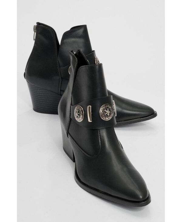プロローグシューズ レディース ブーツ・レインブーツ ヒール Prologue Shoes Kenda Buckle Block Heel Boot Black faux leather ブラック