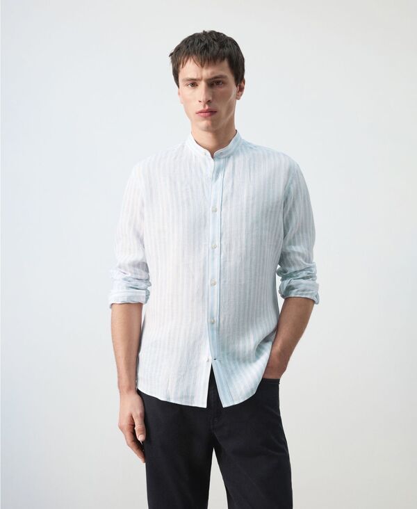 マンゴ メンズ トップス シャツ MANGO Mens Mandarin Collar Striped Shirt Sky Blue ブルー