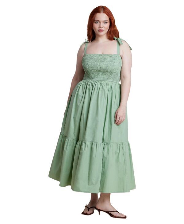 エロクイ レディース トップス ワンピース プラスサイズ シャーリング マキシ ELOQUII Womens Plusize Smocked Bodice Maxi Dress Basil