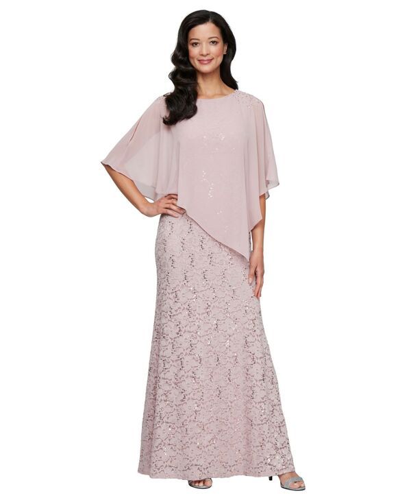 エスエルファッションズ レディース トップス ワンピース ケープデザイン プチ スパンコール キャップ ケープ レース SL Fashions Petite RoundNeck Sequin Lace