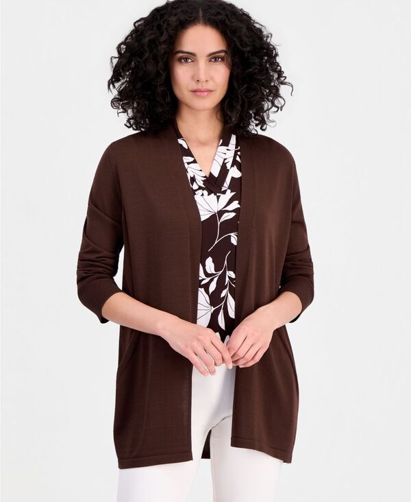 アンクライン レディース アウター ニット・セーター カーディガン Anne Klein Womens OpenFront Rib Pocket Cardigan Dark Chocolate チョコ