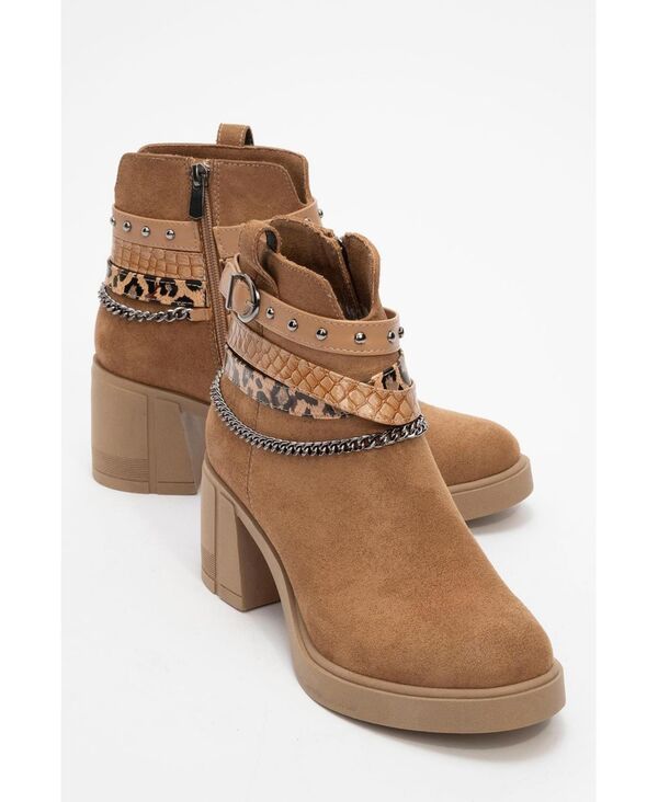 プロローグシューズ レディース ブーツ・レインブーツ ヒール Prologue Shoes Boliva Buckled Chain Block Heel Boot Women Cognac sued