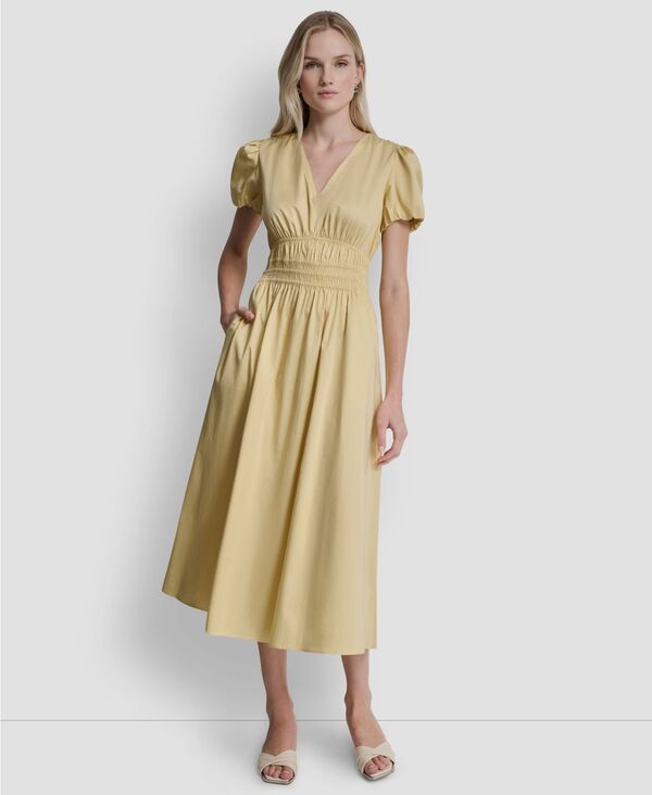ダナ キャラン ニューヨーク レディース トップス ワンピース Vネック ミディ シャーリング DKNY Womensmocked VNeck Midi Dress Buttercream
