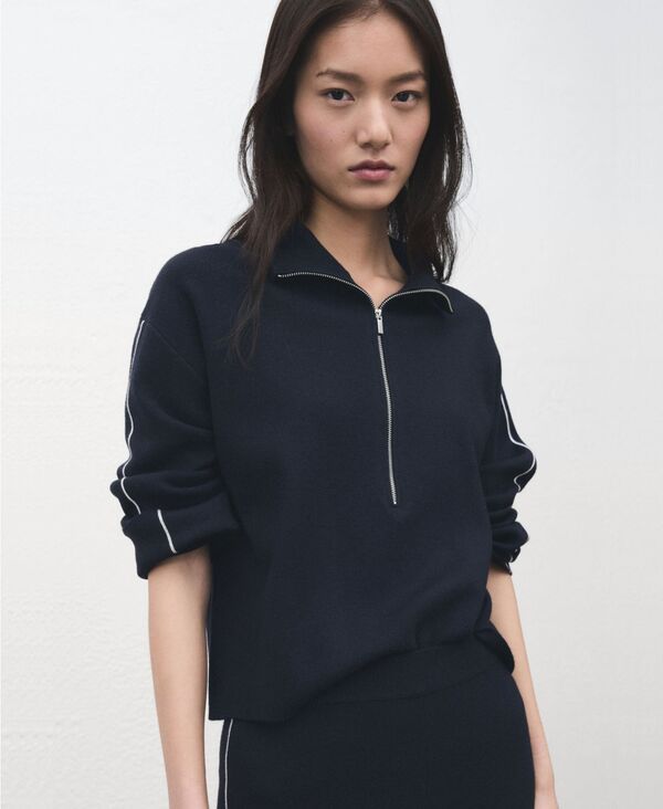 マンゴ レディース アウター ニット・セーター コントラスト MANGO Womens Zip Neck ContrastStripe Sweater Navy ネイビー