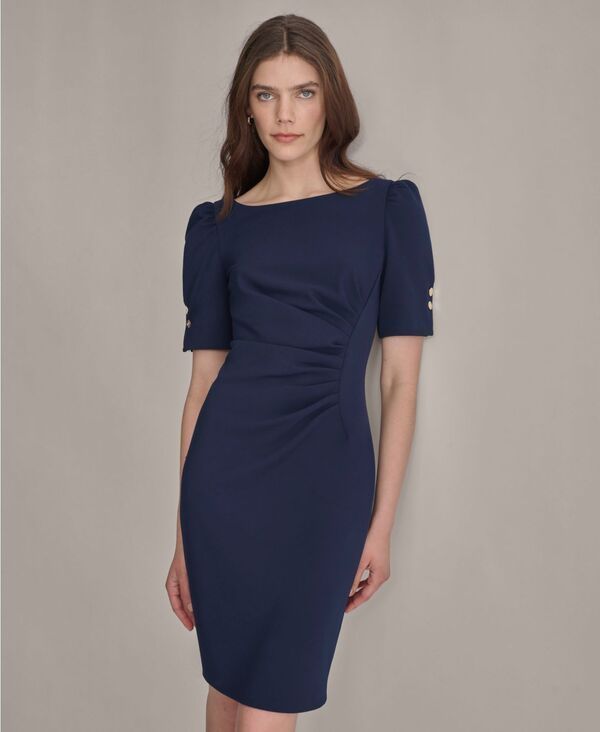 ダナ キャラン ニューヨーク レディース トップス ワンピース プチ ギャザー DKNY Petite Ruched Jewel Neck Sheath Dress Blue ブルー