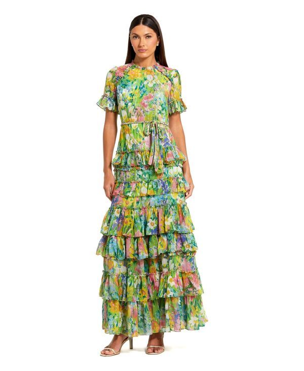 マックダガル レディース トップス ワンピース ティアード シフォン フラワー柄 プチ フリル フラワー Mac Duggal Petite Green Ruffle Tie red Chiffon