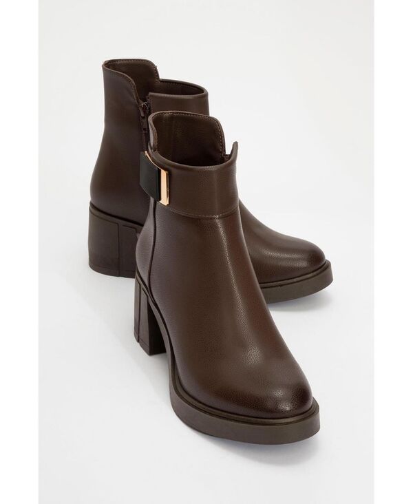 プロローグシューズ レディース ブーツ・レインブーツ ヒール Prologue Shoes Womens Rashe Block Heel Zip Boot Brown faux leather ブラ
