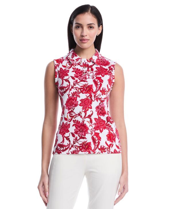 ラファエラ レディース トップス ポロシャツ プチ プリント フリル ノースリーブ Rafaella Petite Botanical Print Ruffle Trim Sleeveless Pol