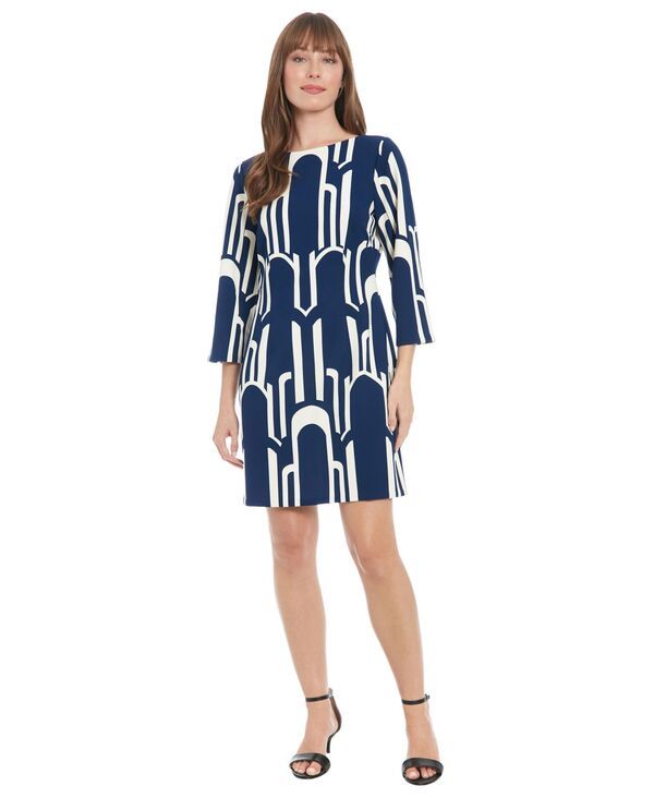 ロンドンタイムス レディース トップス ワンピース プチ プリント 長袖 London Times Petite LongSleeve Printed Shift Dress Navyivory アイ