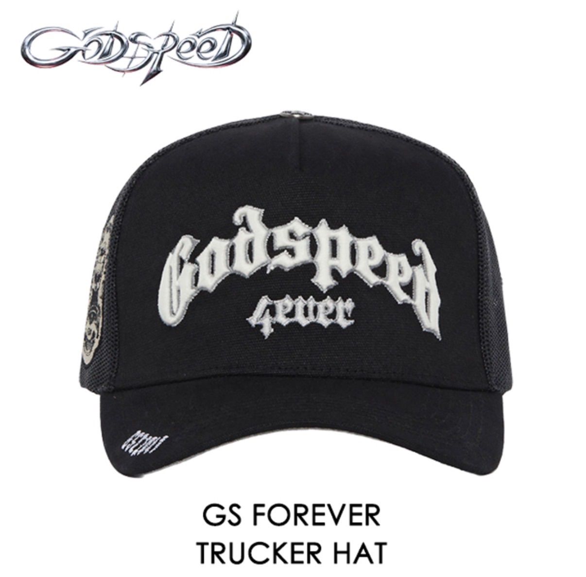 【 本国現地価格 】【3点ピン付き】GODSPEED GS FOREVER TRUCKER HAT OG【ブラック】【黒】【メッシュキャップ】【トラッカーキャップ】