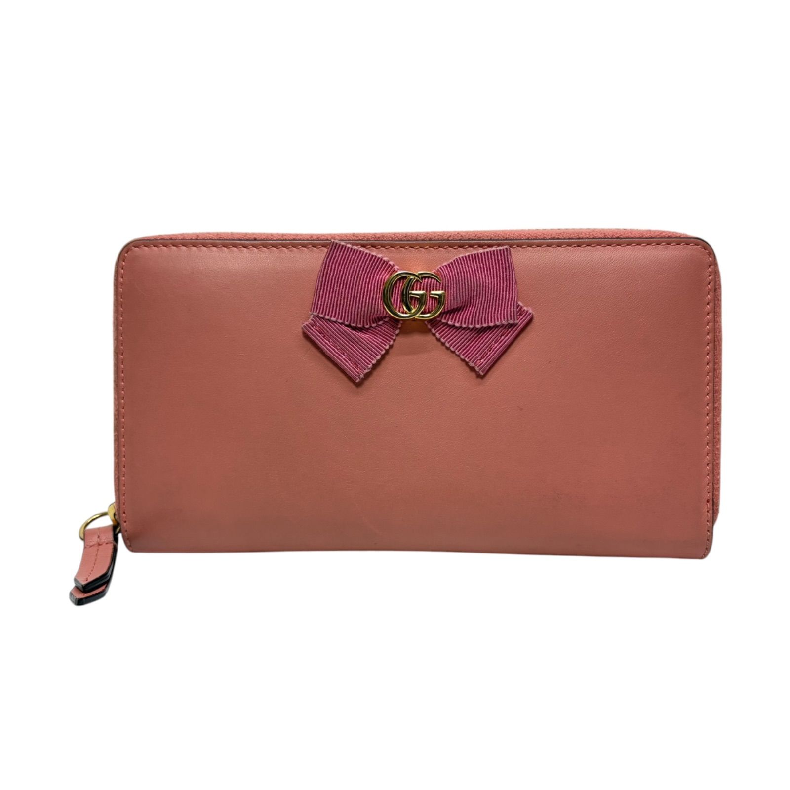 4859 GUCCI グッチ 長財布 ピンクベージュ ラウンドファスナー リボン レザー