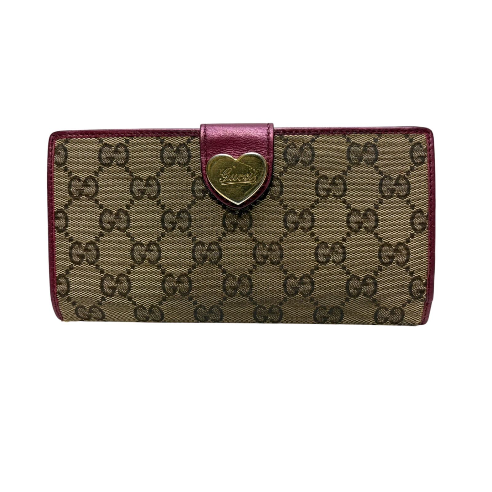 4747 GUCCI グッチ 長財布 キャンバス ハートロゴ レザー メタリック系 レッド