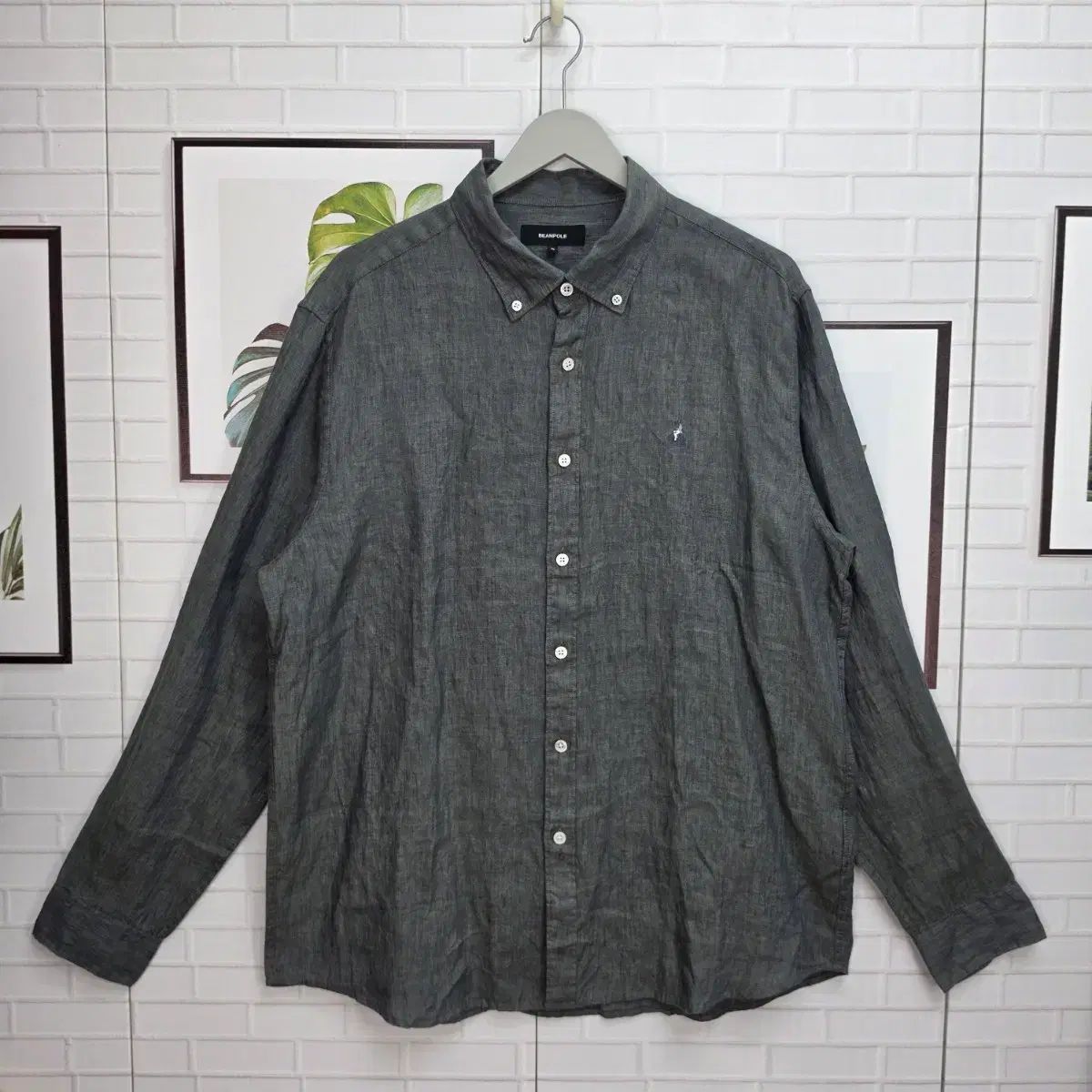 ほぼ新品 ビーンポール メンズ ロゴ 刺繍 リネン 長袖 シャツ (XL)