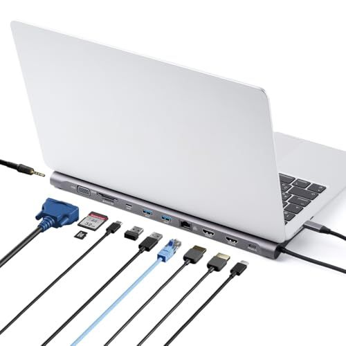 サンワダイレクト USB-C ドッキングステーション 2画面出力 100W PD対応 HDMI ×2/ VGA/LAN/USB-C ×1/USB-A×2/ 3.5mm / SD/microSD 11in1 Win/Mac対応 ケーブル一体型 拡張 ノートPｍａ