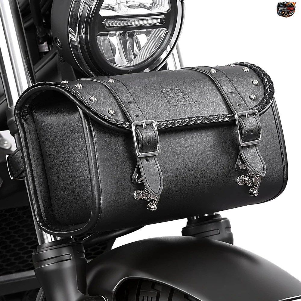 オートバイ用フォークツールバッグ 5L PUレザー製ユニバーサルサドルバッグ（フロントフォーク、ハンドルバー、シーシーバー用）収納ポーチ