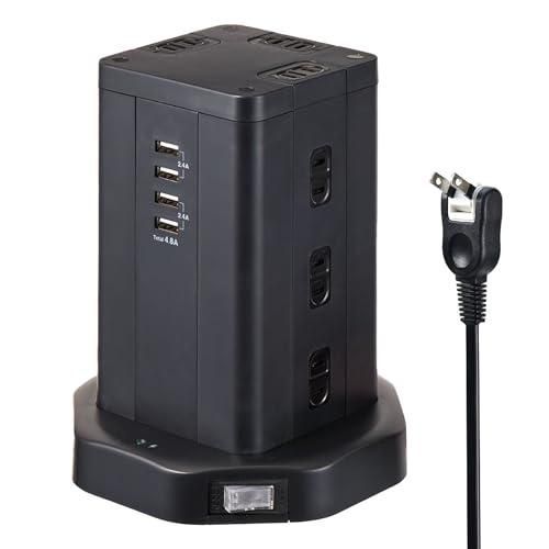 エルパ（ELPA） タワー型 電源タップ 12個口 USB×4 マグネット付 ブレーカー内蔵集中スイッチ付 WBS-TW1204USB(BK)