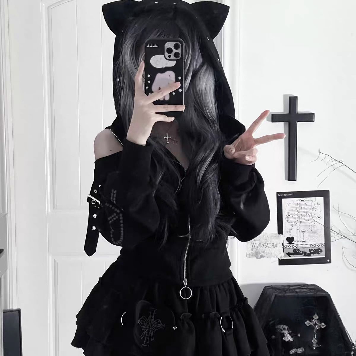 パーカー レディース 地雷系 猫耳パーカー ゴシック パンク 病みかわ フード付き オフショルダー ジップアップ 十字架 ブラック 韓国ファッション 量産型 原宿系 長袖 トップス ゴスロリ サブカル ロリータ 界隈